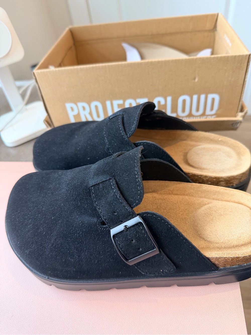 Project Cloud Women's Black Suede Mule with Adjustable Buckle